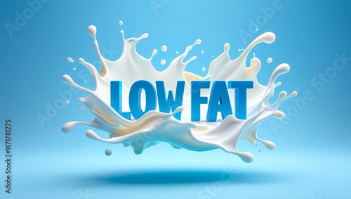 Splattered milk splash, pouring white liquid flow with the text low fat over blue clean isolated background as dairy product commercial banner design.