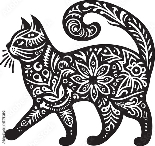 Elegant feline silhouette: An ornate cat emblem, botanical elements, and artistic flair
