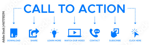 Call to action banner web icon vector illustration concept with icon of download, share, learn more, watch our video, contact us, subscribe, and click here.