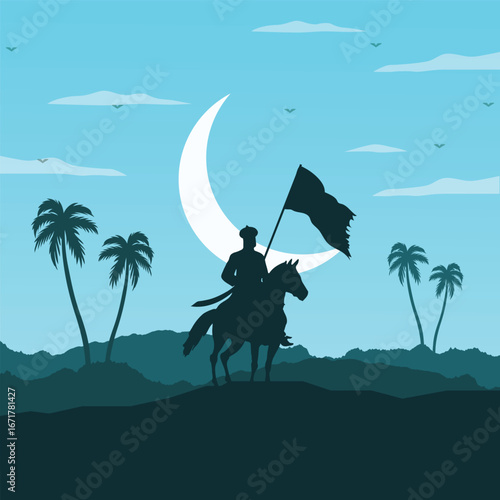 Silhouette of Islamic Fighter on Horse with Crescent Moon Scene