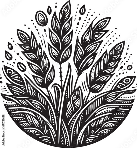 Monochrome illustration of stylized wheat design element for organic food label