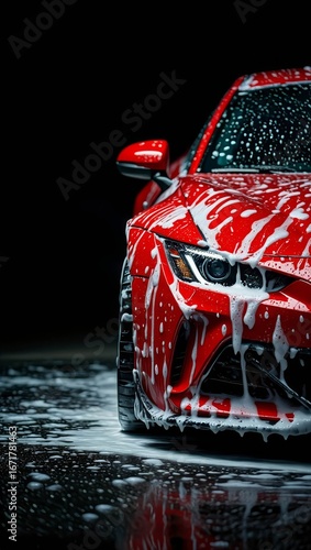 Red modern car in foam on a car wash on a black background with copy space.