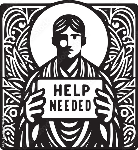 Monochrome illustration of a stylized person holding a 'Help Needed' sign