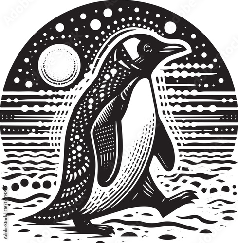 Stylized black and white illustration of a penguin waddling under the moonlight