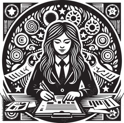 Abstract logo of a woman analyzing business reports with decorative elements