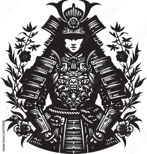 Vector Illustration of a Female Shogun Warrior, Bold Armor and Botanical Ornamentation