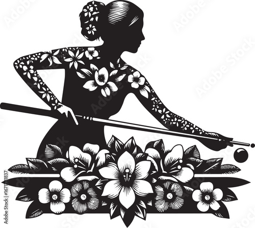 Botanical billiards: Floral silhouette of a female pool player in action