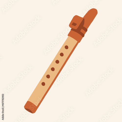 Wooden Flute with Simple Design in Light Brown Color on Plain Background