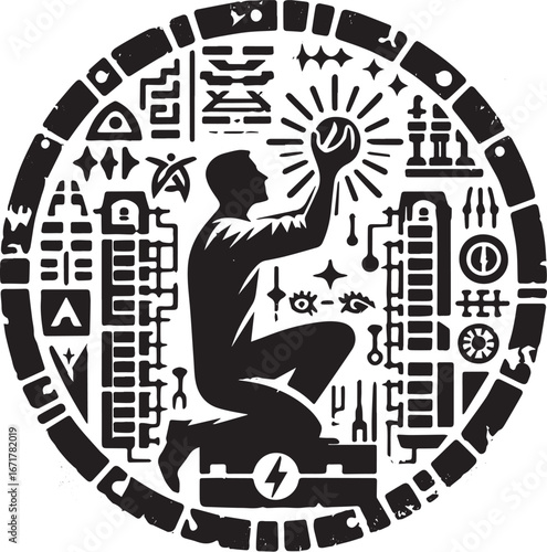Stylized hieroglyphic badge depicting a figure manipulating a source of power
