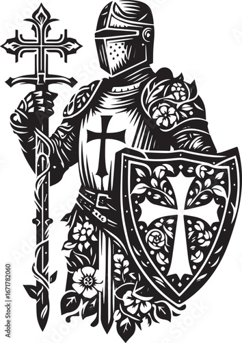 Floral Knight: Armored Templar with Cross Shield and Botanical Elements Vector