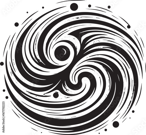 Ink wash graphic with curling lines and scattered dots creating a suminagashi effect