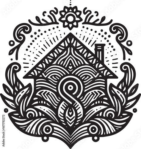 Detailed house illustration with floral elements in a zentangle art style
