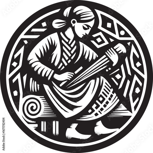 Craftswoman inscribing ancient symbols on a staff in folk art illustration