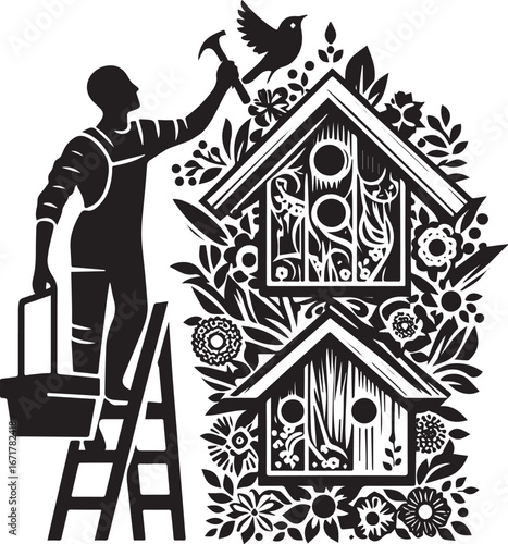 Silhouette of a man installing ornate birdhouses surrounded by botanical elements