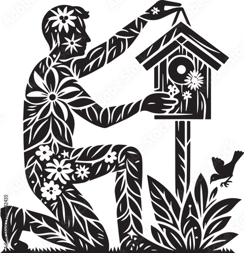 Botanical inspired man installing birdhouses in a garden, minimalist art design