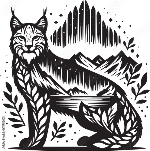 Vector lynx silhouette with botanical details and aurora borealis backdrop design