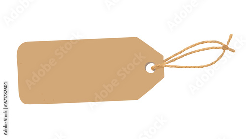 An isolated tan price tag with a string attached ready to be used for pricing or labeling items