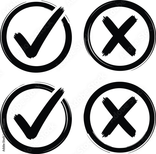 Brush Stroke Check and Cross Icons – Hand-Drawn Circle Set