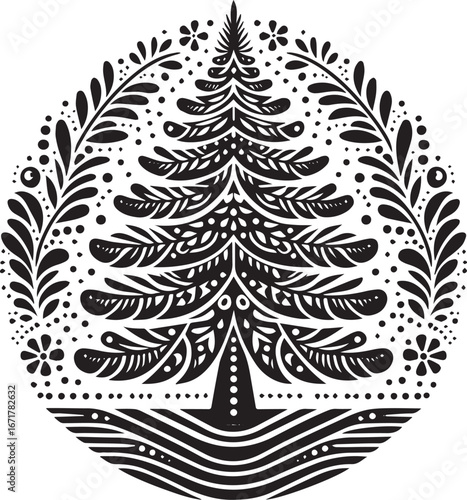 Elegant monochromatic folk art depiction of a stylized White Cedar tree design