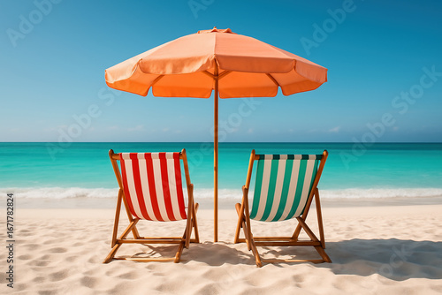 beach chairs and umbrella on the beach, Two Beach Chairs and Umbrella on Tropical Sandy Shore