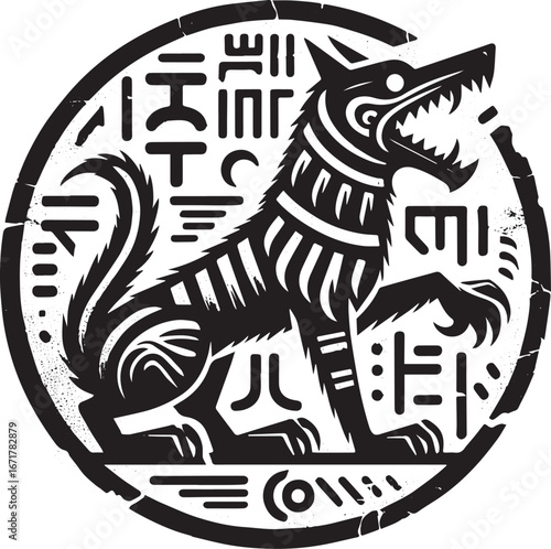 Monochromatic barghest seal featuring stylistic glyphs and distressed texture