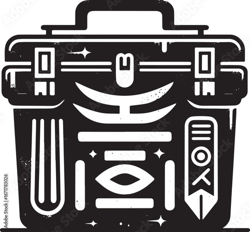 Stylized Bento Box Illustration with Hieroglyphic Elements and Grunge Texture