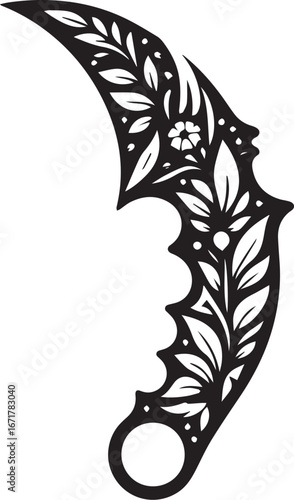 Floral Inked Karambit Vector Art: Minimalist Blade Design with Botanical Elements