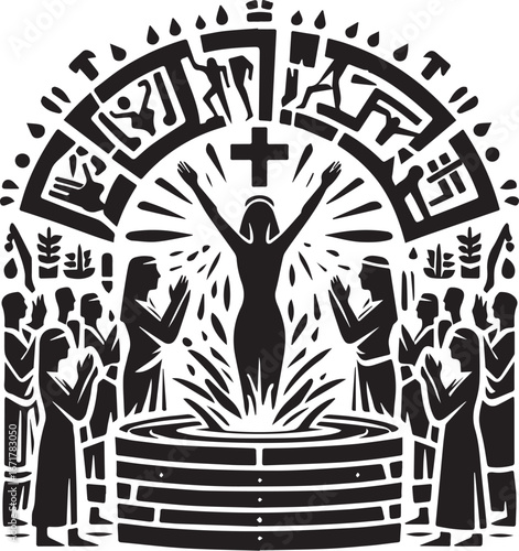 Hieroglyphic depiction of baptismal rites with figures in prayerful veneration