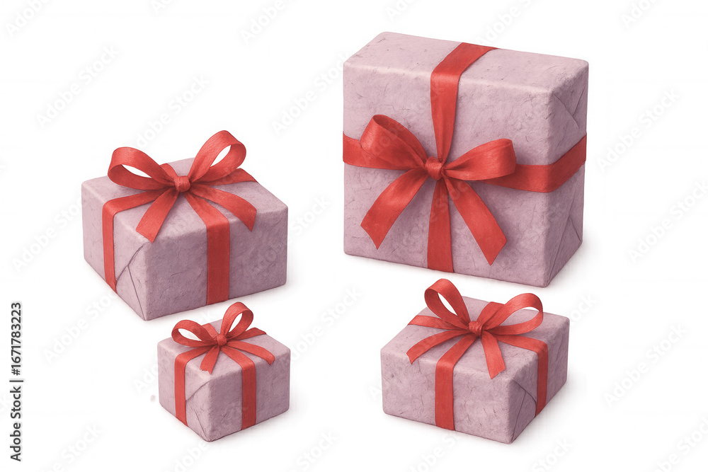 Fototapeta premium Pink gift boxes varying in size, adorned with red ribbons and decorative bows, positioned against transparent background
