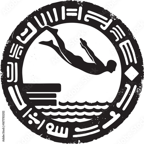 Distressed Monochrome Diver Emblem with Ancient Script Elements in Circular Frame