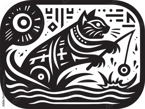 Fishing Cat's Determined Plunge Black and White Hieroglyphic Logo Illustration