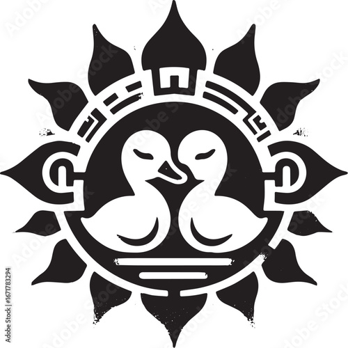 Symbolic ducklings emblem within stylized sunburst and Egyptian decorative borders