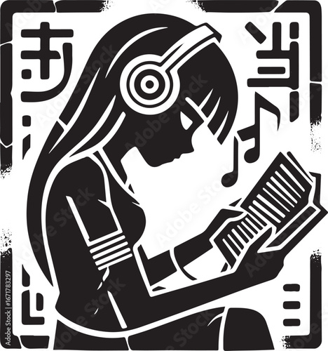Abstract Grunge Music Hieroglyph Girl with Headphones Reading Book Logo Art
