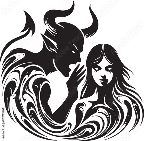 Suminagashi Abstract: Temptation Whispers - A Dark Encounter Vector Illustration