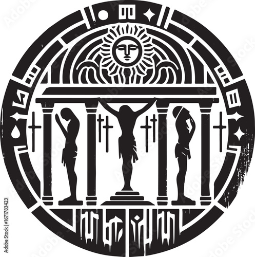 Distressed Good Friday emblem featuring Stations of the Cross iconography
