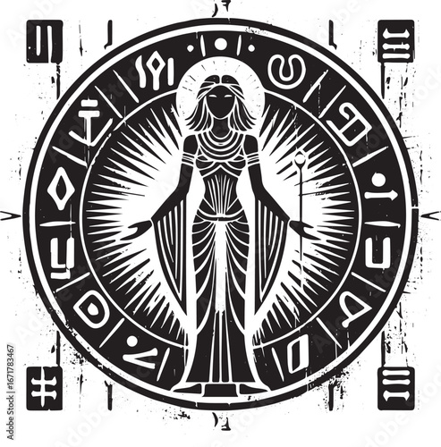Stylized depiction of a woman in ceremonial dress with hieroglyphic elements