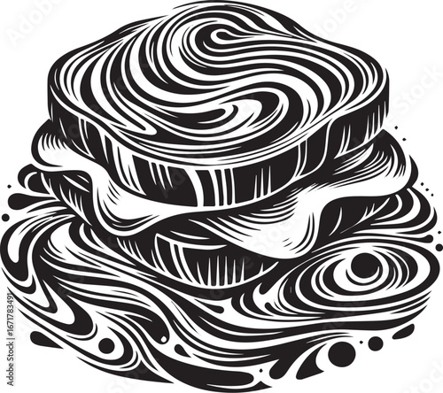 Monochrome Sandwich Vector Illustration with Sumi-e Marbling Design Element