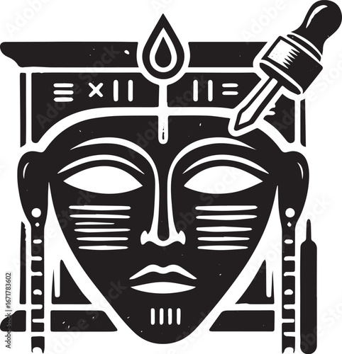 Abstract face serum emblem in black and white, with dropper, stencil style