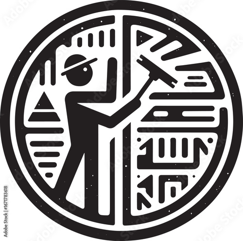 Abstract Window Cleaning Service Emblem in Black and White Stylized Design