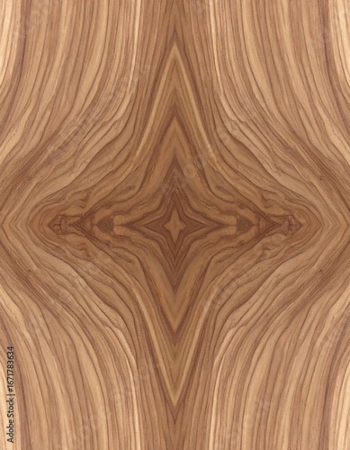 A detailed close-up view of a symmetrical wood grain pattern, exhibiting beautiful flowing lines and a rich, warm tone.