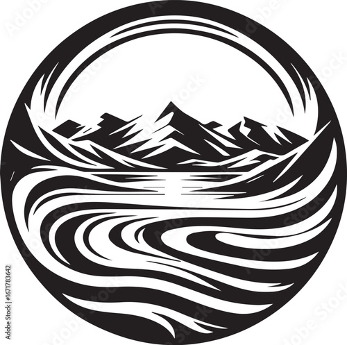 Monochrome abstract art representing mountain scenery reflected in water