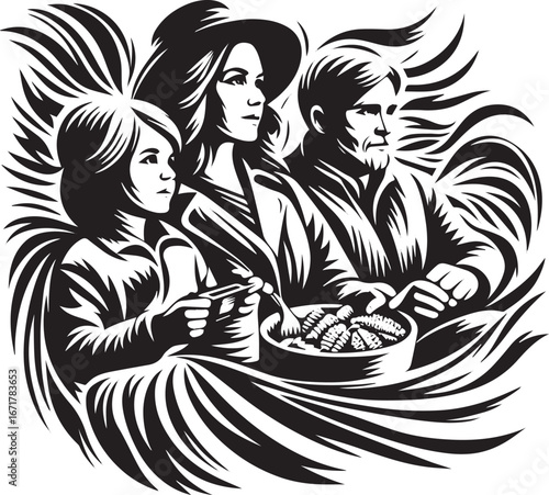 Monochrome family gathering around harvest bounty graphic stencil illustration