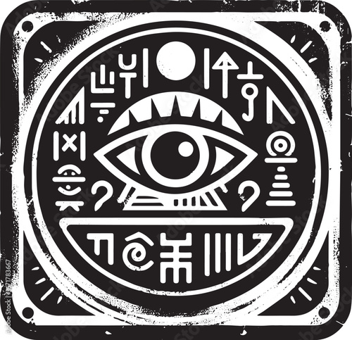 Mystic Eye Icon, Grunge Black and White Seal with Symbolic Markings and Bordered Square