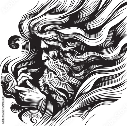 Monochrome vector illustration featuring a stylized ethereal figure with flowing hair