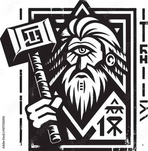 Monochromatic emblem of Norse deity with weapon, symbol of wisdom and strength