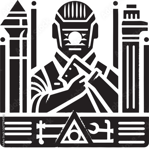 Monochrome stencil illustration with symbolic steelworker figure and geometric motifs