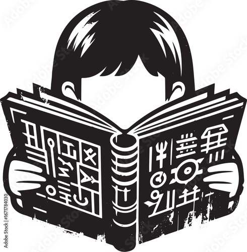 Grungy monochrome stencil logo of a person engrossed in an hieroglyphic book