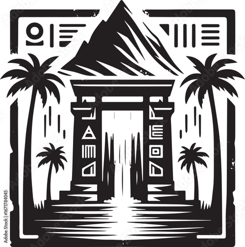 Graphic monochrome illustration of tropical oasis temple with mountain backdrop