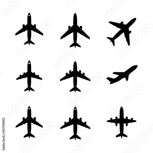 Collection of nine black silhouette airplane illustrations in various angles and flight positions against a stark white background, representing air travel.