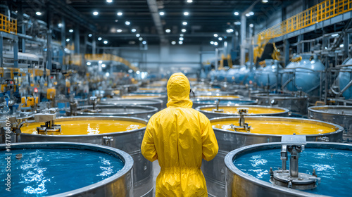 Worker hazmat suit chemical tank industrial safety monitoring factory yellow liquid protective
